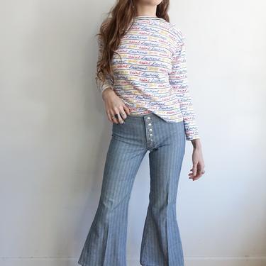 Vintage 70s Herringbone Cropped Flared Pants with Snap Fly/ 1970s Mid Rise Hip Hugger Denim/ Size XS 