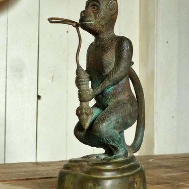 Bronze Monkey Sculpture Holding Snake or Serpent 