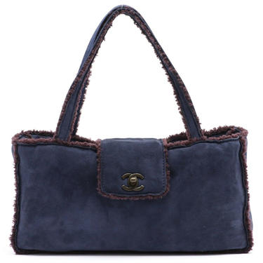 Vintage 90's CHANEL CC TURNLOCK Navy Blue Suede / Brown Shearling Shoulder Bag Purse Tote with Auth Card, sleeper and box!! 