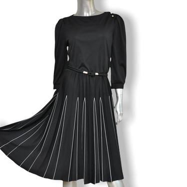 79’s Black Pleated Midi Dress with White Piping and Belt Size S/m 