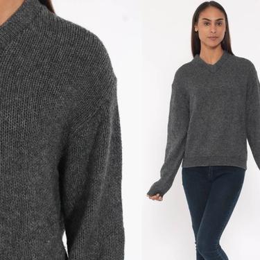 Lambswool Sweater 80s Grey Wool Sweater V Neck Sweater Slouchy 1980s Plain Knit Sweater Jumper Vintage Retro Small Medium 