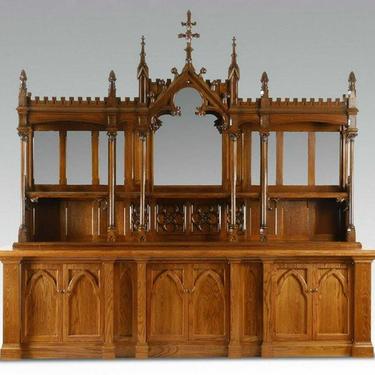 Back Bar, Buffet, Gothic Revival Style Carved Oak Display with Mirrors, Amazing!