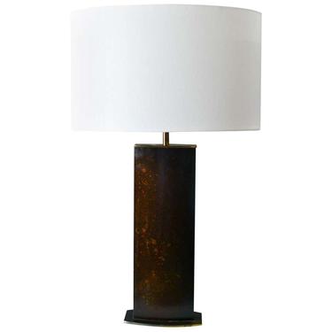 Burnished Leather and Brass Oval Table Lamp, circa 1970