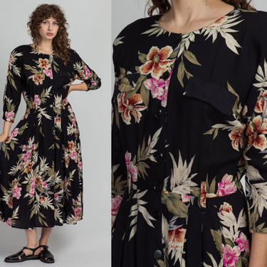 80s Boho Floral Maxi Dress - Medium to Large | Vintage Black Grunge Button Up Sundress 