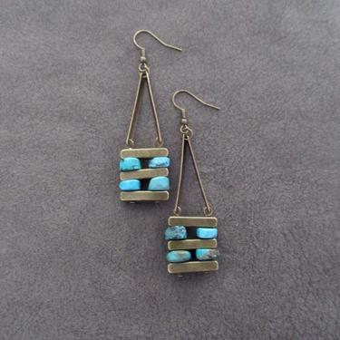 Long turquoise and brass earrings, mid century modern earrings, Brutalist earrings, minimalist earrings, simple, unique artisan earrings 