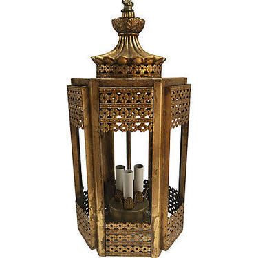 Hollywood Regency, Chinoiserie Gold Gilt Pagoda Pendant, Swag Lamp 