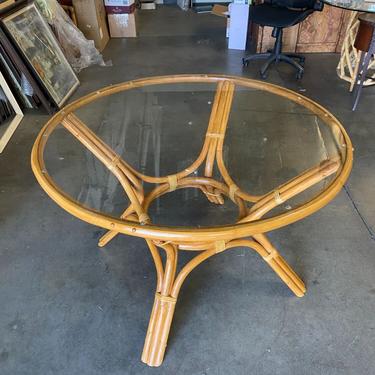 Restored Rattan Dining Table with Round Glass Top by HarveysonBeverly