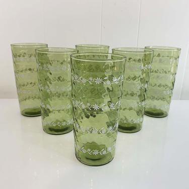 Vintage Floral Glasses Flower Glass Set of Six Lime Green White Floral Pattern 1970s 70s Chartreuse Flowers Chain Retro Home Kitchen MCM 