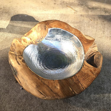 Natural Hand Hammered Teak Bowl - Silver 