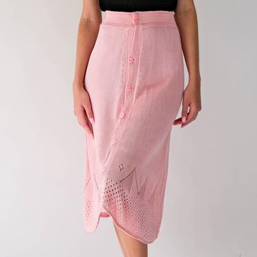 Vintage 70s Does 40s Soft Pink High Waisted Diamond Knit Skirt | Pinup, Art Deco, WWII, Bohemian | 1970s Does 1940s Handmade Pink Boho Skirt 