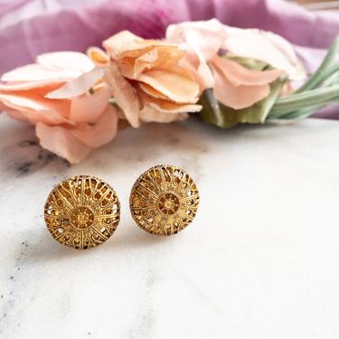 Antique Gold Plated Round Filigree Screw Back Earrings 