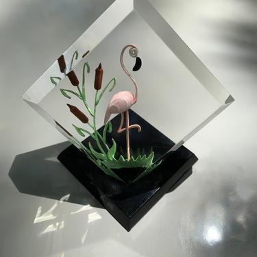 1950'S Reversed Carved Pink Flamingo in Lucite - Decorative Object - Paperweight - 2-1/2 Square 