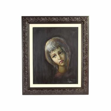Vintage Mid-Century Modern Portrait Painting Mournful Woman by Kobata 