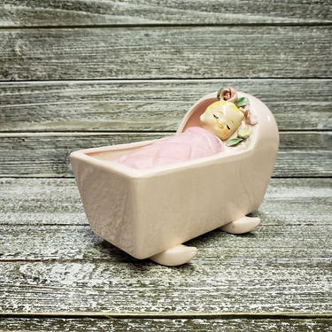 Vintage Baby Girl Planter, Pink Baby Shower Gift, Ceramic Sleeping Ba