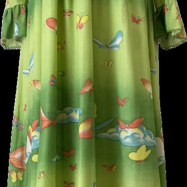 70s Butterfly Cloud Print Ruffle Collar Maxi Dress