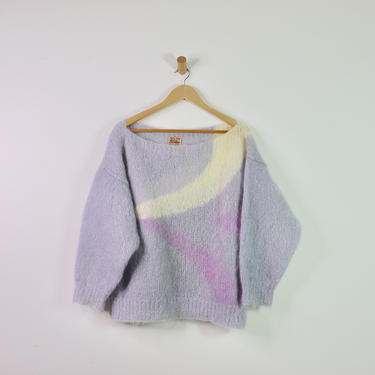 Vintage 80's Purple Geometric Handmade Irish Mohair Wool Boat Neck Sweater, Sheleen, 50&amp;quot; Bust 