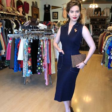 Vintage 1950s Navy Blue Linen Fitted Wiggle Dress - XS 