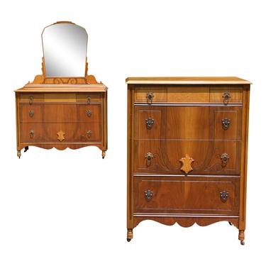 Vintage Kaplan’s Furniture French Style Art Deco Dresser &amp; Mirror + Highboy Set