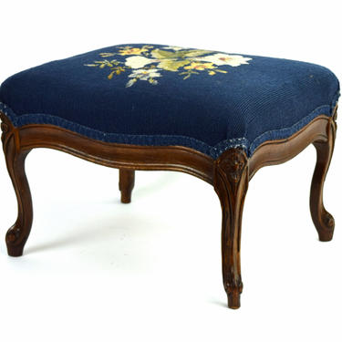 Vintage Petite Carved Footstool Ottoman with Bellflowers Needlepoint Top 