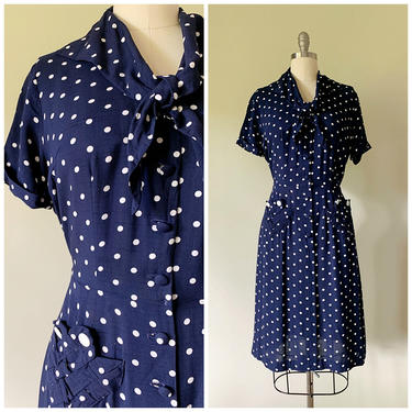 Vintage 1950s Dress • Delilah • Navy Blue White Polka Dot 50s Shirt Dress Size Medium 