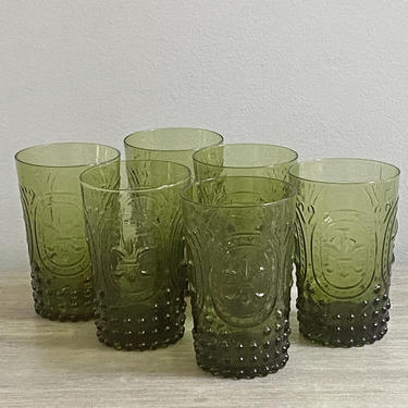 Vintage Fleur-de-Lis Glass Set of Six Moss Green French Country Glassware Drinkware 