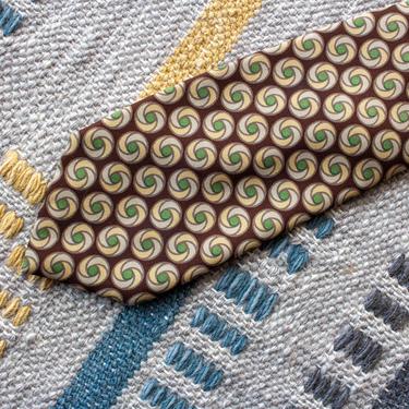 Vintage 1970s Italian Silk Tie - Erredieci Brown & Yellow Circle Pattern Funky Kitschy Necktie 