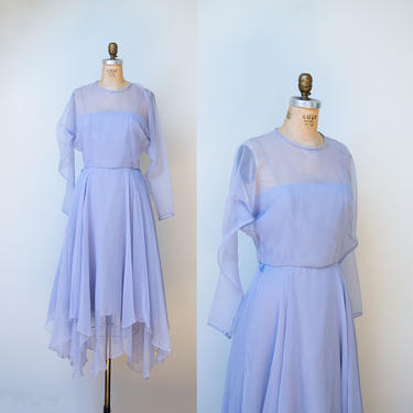 1970s Periwinkle Blue Chiffon Handkerchief Hem Dress / 70s Dress 