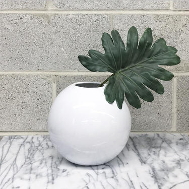 Vintage Vase Retro 1990s Contemporary + White Ceramic + Round + Orb Shaped + Minimalist Home Decor + Plant or Flower Display 