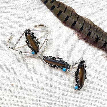 SLAVE TO FASHION Silver Tigers Eye and Turquoise Slave Cuff Bracelet | Navajo Native American Jewelry | Boho, Gypsy | Ring Size Up to 9.5 