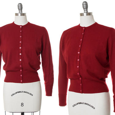 Vintage 1950s Cardigan | 50s Scottish Cashmere Dark Red Knit Button Up Sweater (medium/large) 