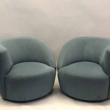 Vladimir Kagan "Nautilus" Swivel Blue Suede Club Chairs (Pair)