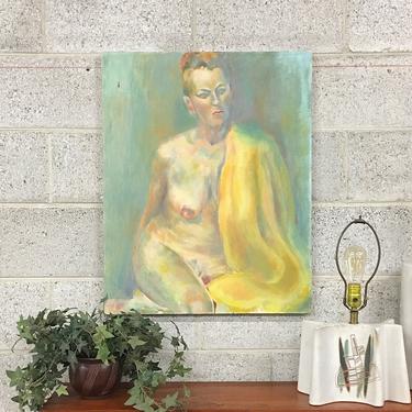 Vintage Nude Painting 1970s Retro Size 22x28 Naked Woman Sitting Down + Acrylic Pastel Paint on Canvas by the Artist Abel + Wall Art + Decor 