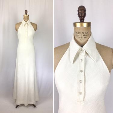 Vintage 70s dress | Vintage white backless dress | 1970s Shirt front maxi dress 