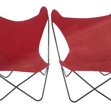 Pair of Mid Century Modern Butterfly Chairs Wrought Iron Black Wire Sling Seats Knoll Eames Baughman Breuer Red Canvas Hardoy Lounge Chair 