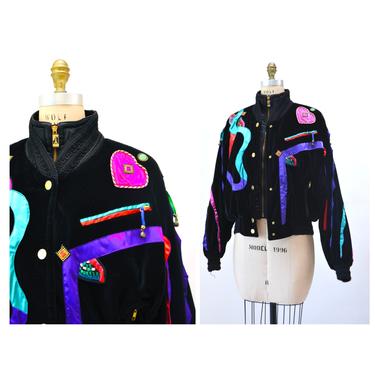 80s 90s Vintage Skea Paris Vail Black Velvet Ski Jacket Coat Hearts 90s pop art Rainbow Embroidered Vintage Velvet Fringe 80s Ski Jacket 
