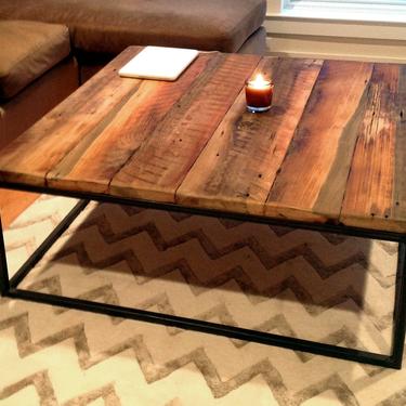 Free Shipping! Large square coffee table with industrial metal base 