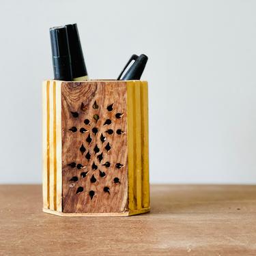 Small Boho Wooden Pencil Cup | Pencil Holder | Desk Organizer | Makeup Brush Holder | Pen Cup | Jungalow | Pierced Wood | Vintage 
