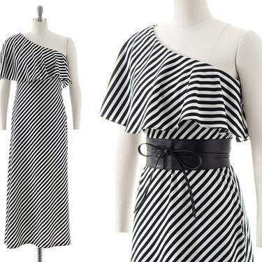 Vintage 1970s Maxi Dress | 70s Black White Striped Ruffled One Single Shoulder Full Length A-Line 1950s Barbie Gown (small/medium) 