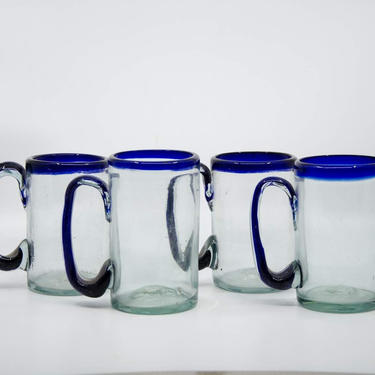 Set of 4 Mexican Hand Blown Cobalt Blue and Clear Mugs 