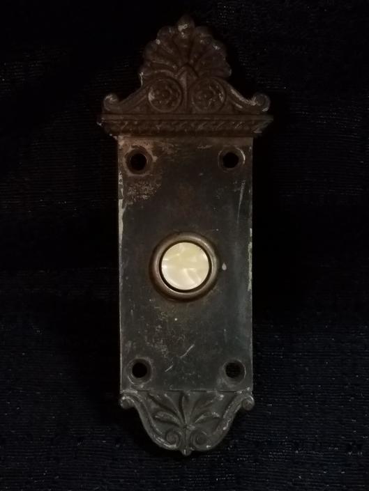 Vintage Cast Brass Electric Doorbell Ringer with Mother-Of-Pearl Button 1.875 x 4.875