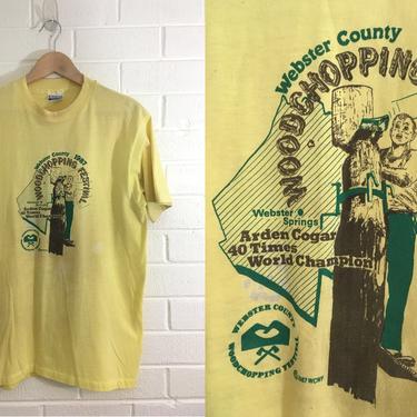 Vintage T-Shirt 80s Webster County Woodchopping Festival 1987 1980s Summer Short Sleeve Yellow Hipster Retro Unisex Size Large L Extra XL 