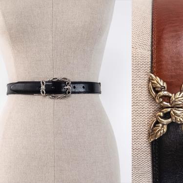 Vintage 80s 90s Brighton Black & Brown Reversible Twist Leather Belt w/ Silver Leaf Design | Bohemian, Western | 1980s 1990s Leather Belt 