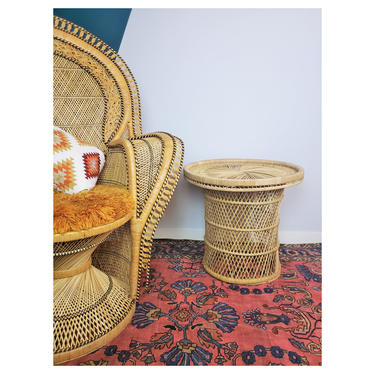 Vintage Rattan Side Table | Boho Wicker Drum Barrel Style End Table | Bohemian Plant Stand | MCM Coffee Table 