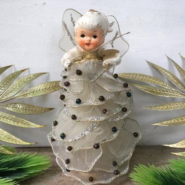 Vintage Christmas Angel Playing Violin, Porcelain Head, Tulle Multi Layered Skirt With Mercury Glass Beads 