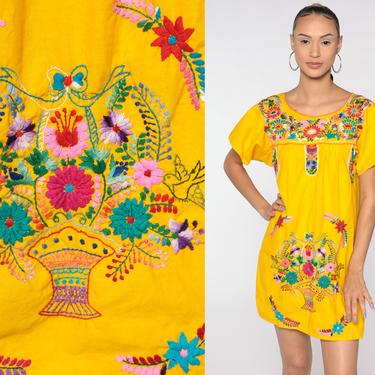 Mexican Dress Embroidered Yellow Mini Dress Boho Cotton Tunic Hippie Floral Bohemian Vintage Medium 