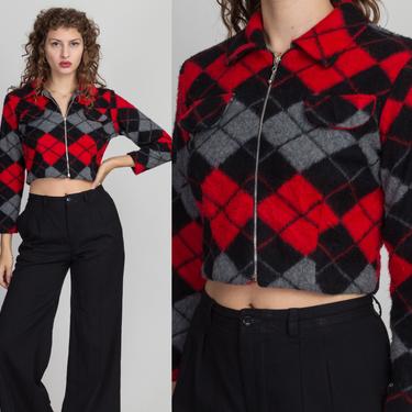 90s Soft Argyle Zip Up Cropped Sweater Top - Small | Vintage Lightweight Collared Crop Jacket 