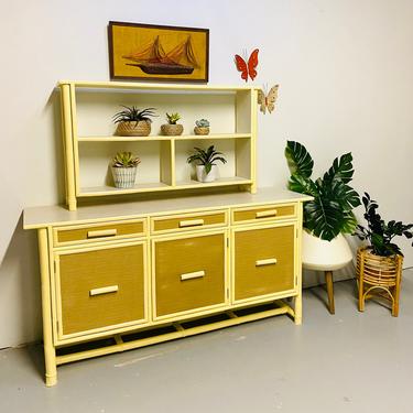 Boho Bamboo China Hutch, Vintage Bamboo Credenza and Hutch, Tiki Cabinet with Removable Bookcase 