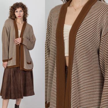 80s Brown & White Striped Knit Cardigan - Medium | Vintage Boho Oversized Long Open Fit Sweater 