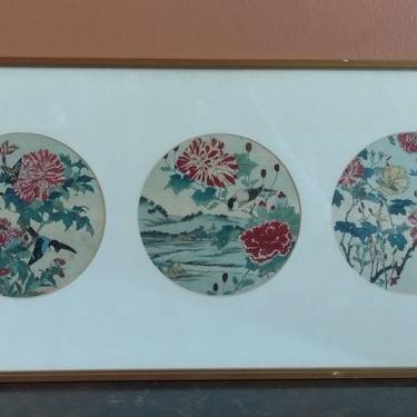 Vintage 20th Century Chinoiserie Woodblock Print Birds Chrysanthemums Rural Village Triptych Wall Art 27