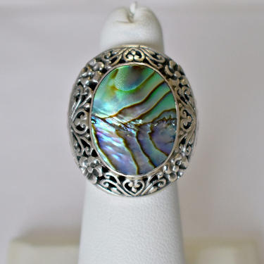 80's sterling abalone hippie flower child ornate statement ring, big striking 925 silver blue green shell boho floral solitaire, size 5.25 